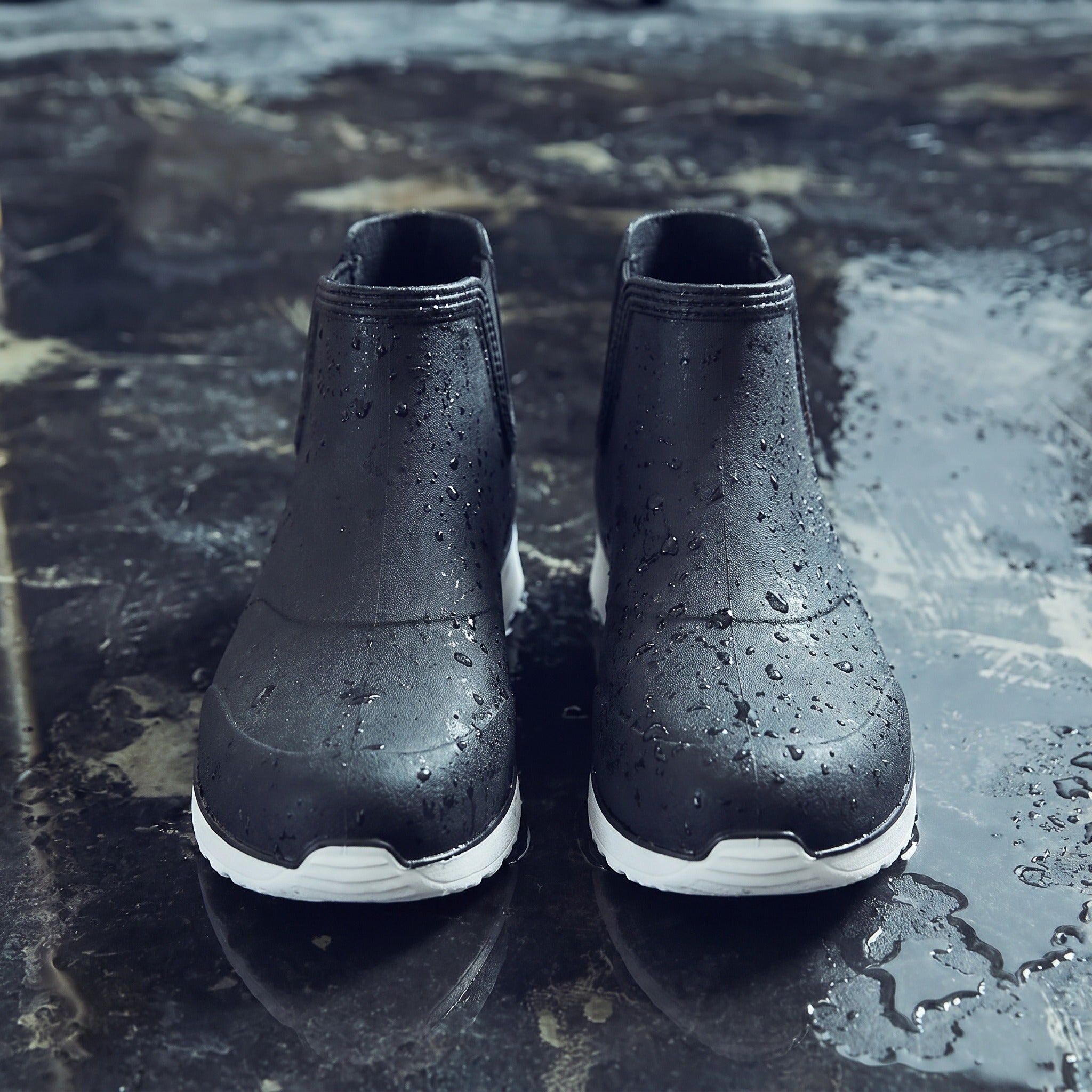 Black Chelsea rain boots with white soles, wet pavement background, worn by person | Chaps London