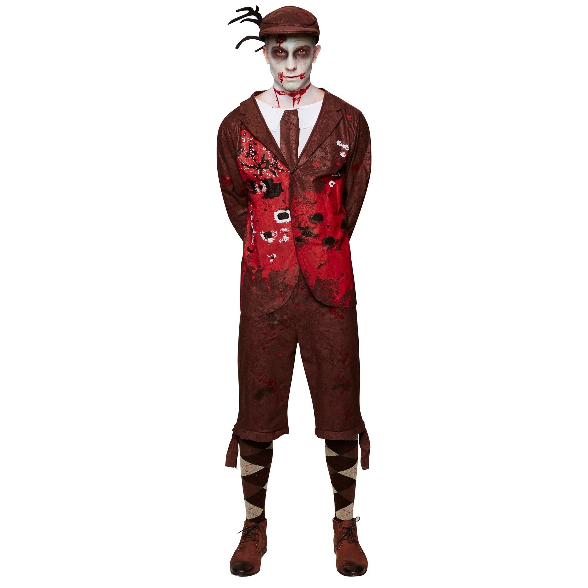 Man wearing worn zombie costume with cap, bloodstained jacket and knickerbockers, full body | Chaps London