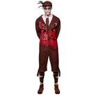 Man wearing worn zombie costume with cap, bloodstained jacket and knickerbockers, full body | Chaps London