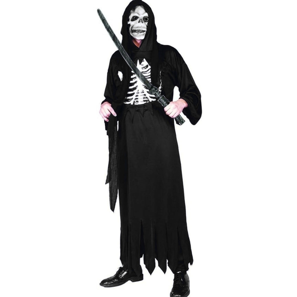 Man wearing black skeleton reaper costume with hood and skull mask, holding sword | Chaps London
