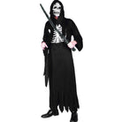 Man wearing black skeleton reaper costume with hood and skull mask, holding sword | Chaps London