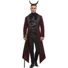 Man wearing burgundy devil tailcoat with horns headband and dark cravat | Chaps London