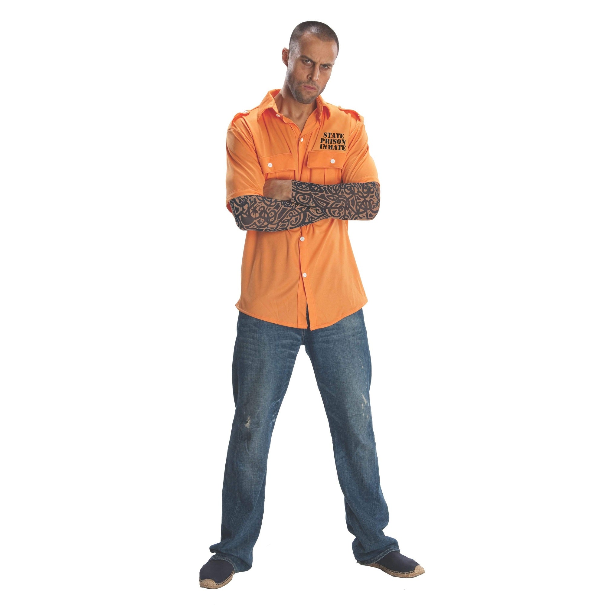 Man wearing orange prisoner costume shirt with tattoo sleeve and jeans | Chaps London