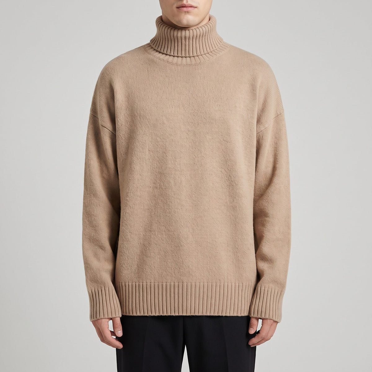Man wearing beige oversized roll neck jumper with ribbed knit detailing | Chaps London