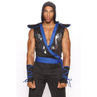 Man wearing black and blue hooded ninja costume with gauntlets and sash | Chaps London