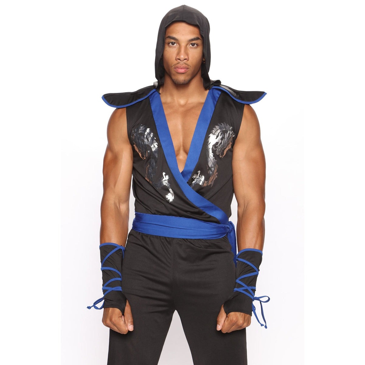 Man wearing black and blue hooded ninja costume with gauntlets and sash | Chaps London
