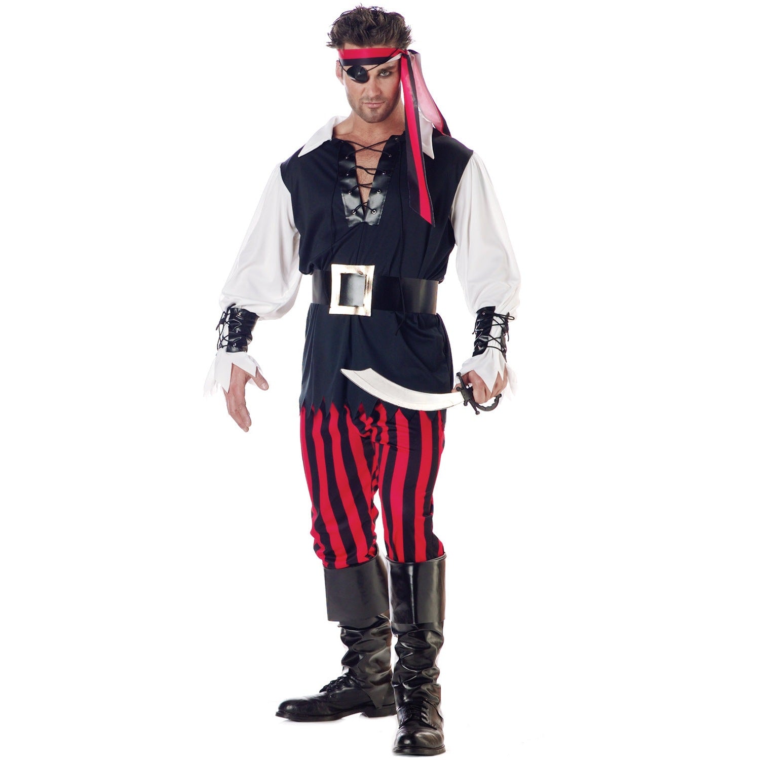Man wearing pirate costume with striped pants, eye patch, and bandana | Chaps London