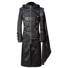 Black gothic hooded coat with jacquard pattern and strap details, front view | Chaps London