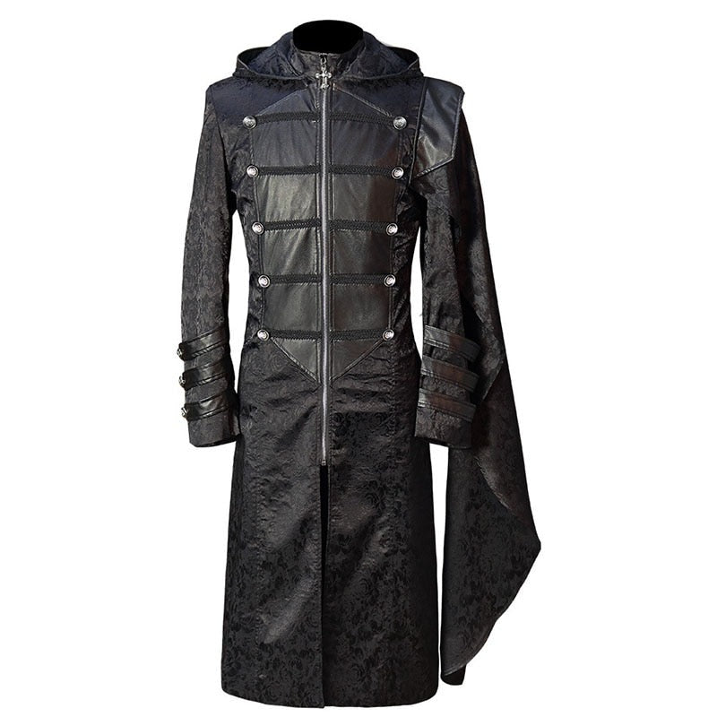 Black gothic hooded coat with jacquard pattern and strap details, front view | Chaps London