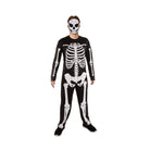 Man wearing black skeleton jumpsuit costume with bone print and matching mask | Chaps London