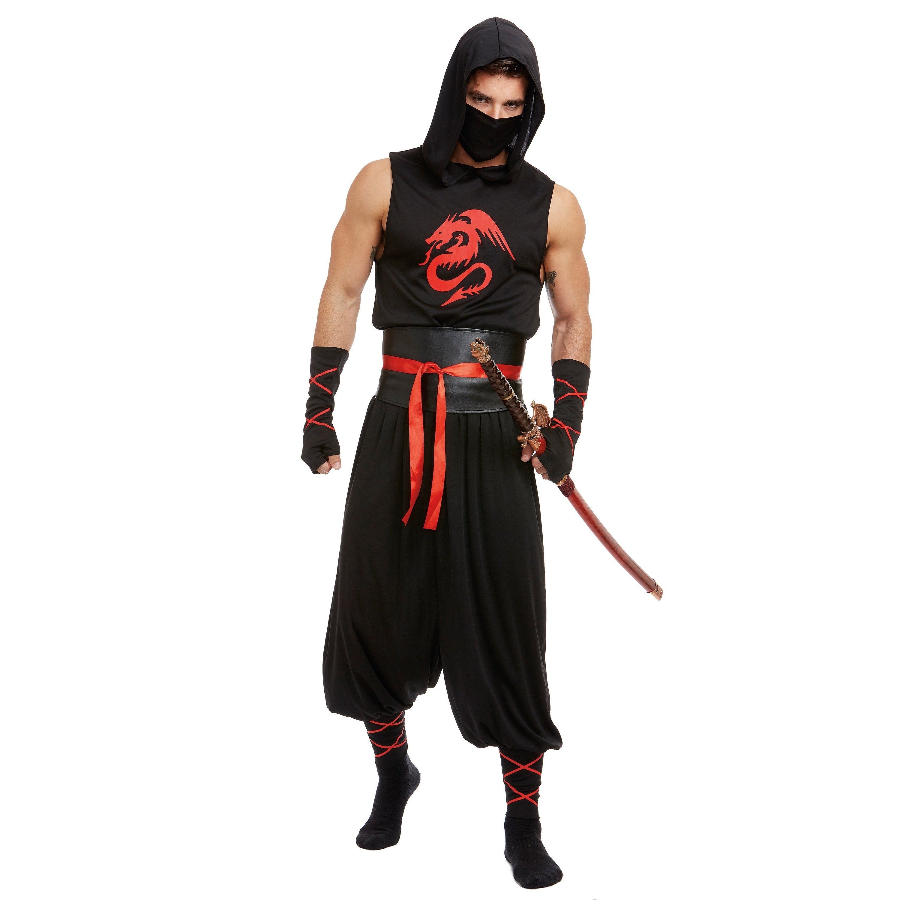 Man wearing black ninja costume with red dragon print and sword | Chaps London