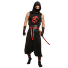 Man wearing black ninja costume with red dragon print and sword | Chaps London