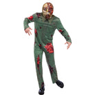 Man wearing blood-splattered green jumpsuit with gas mask zombie costume | Chaps London