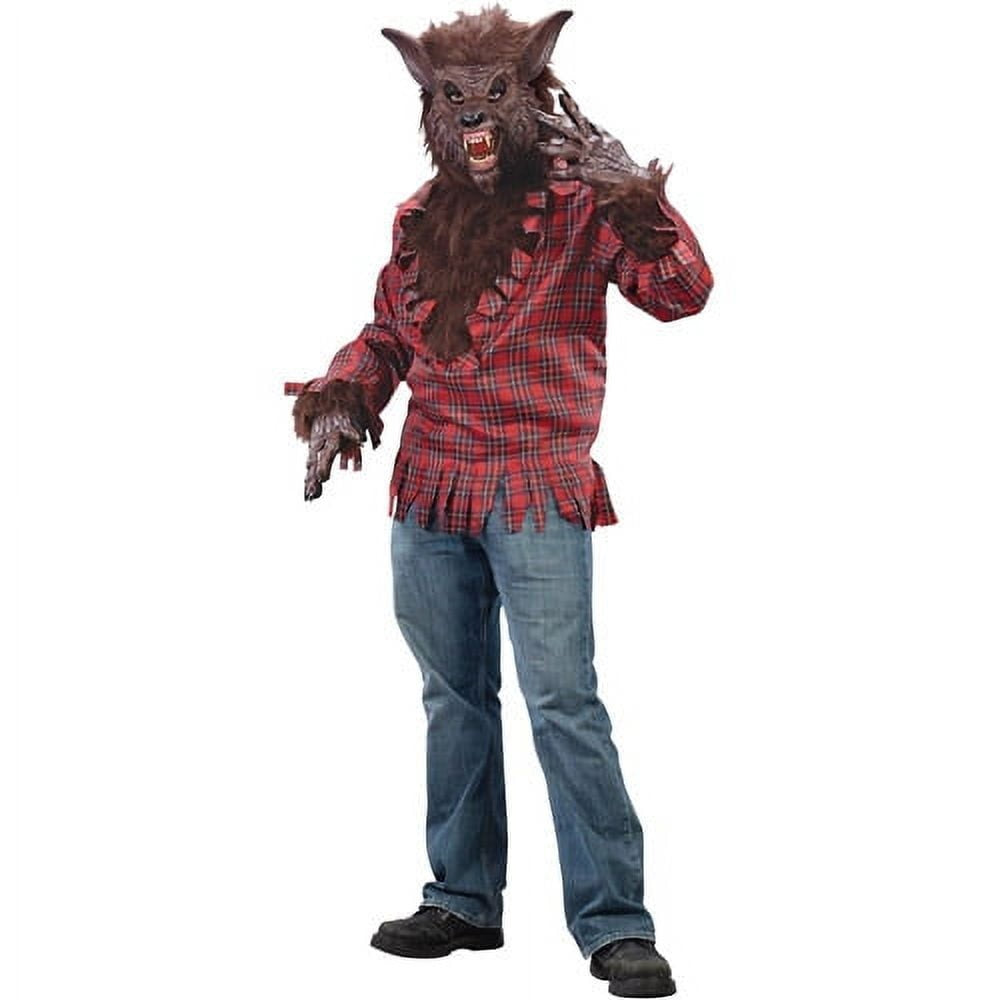 Werewolf costume worn by man, red plaid shirt, wolf mask, claw gloves | Chaps London