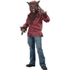 Werewolf costume worn by man, red plaid shirt, wolf mask, claw gloves | Chaps London