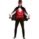 Man wearing red vampire costume with black cape and top hat | Chaps London