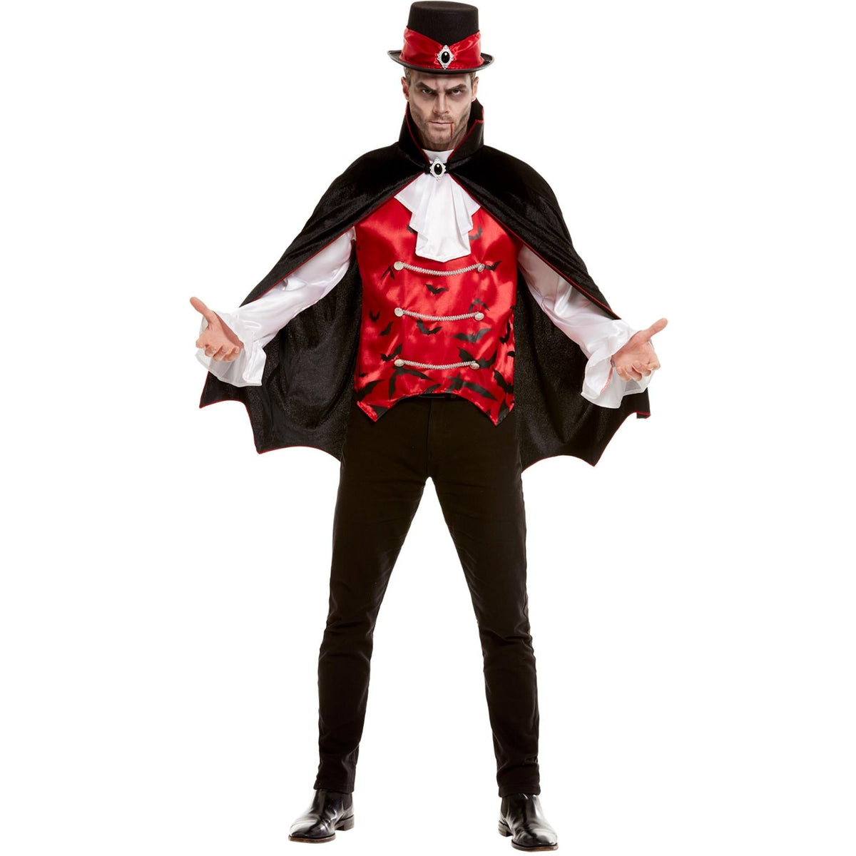 Man wearing red vampire costume with black cape and top hat | Chaps London
