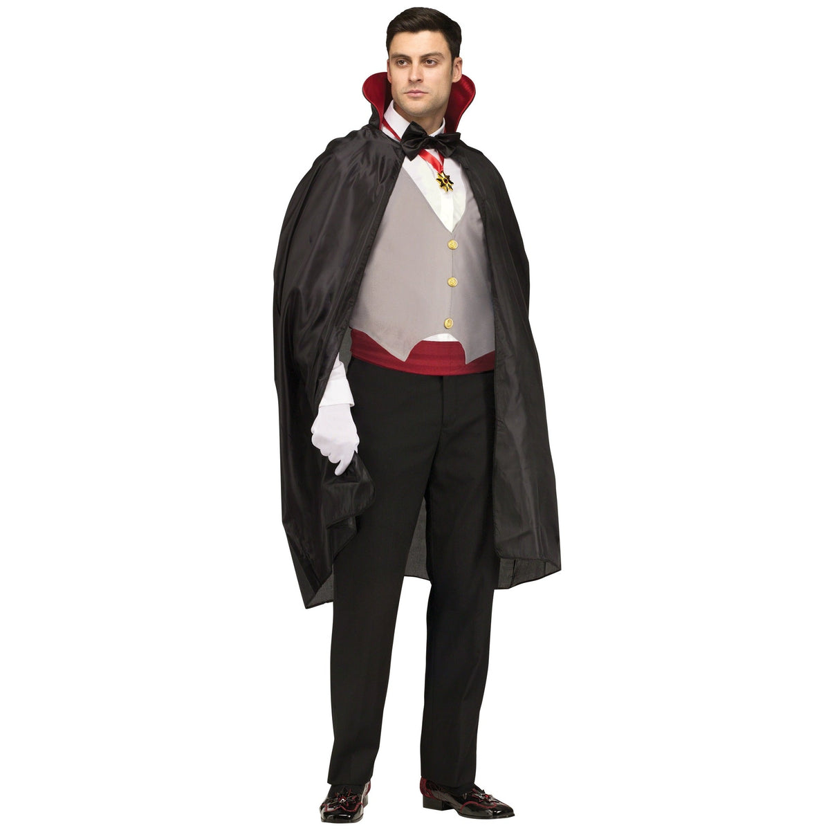 Man wearing black Dracula cape with gray waistcoat and medallion costume | Chaps London
