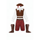 Pirate costume with vest, striped pants, hat, boot covers, eye patch, flat lay | Chaps London