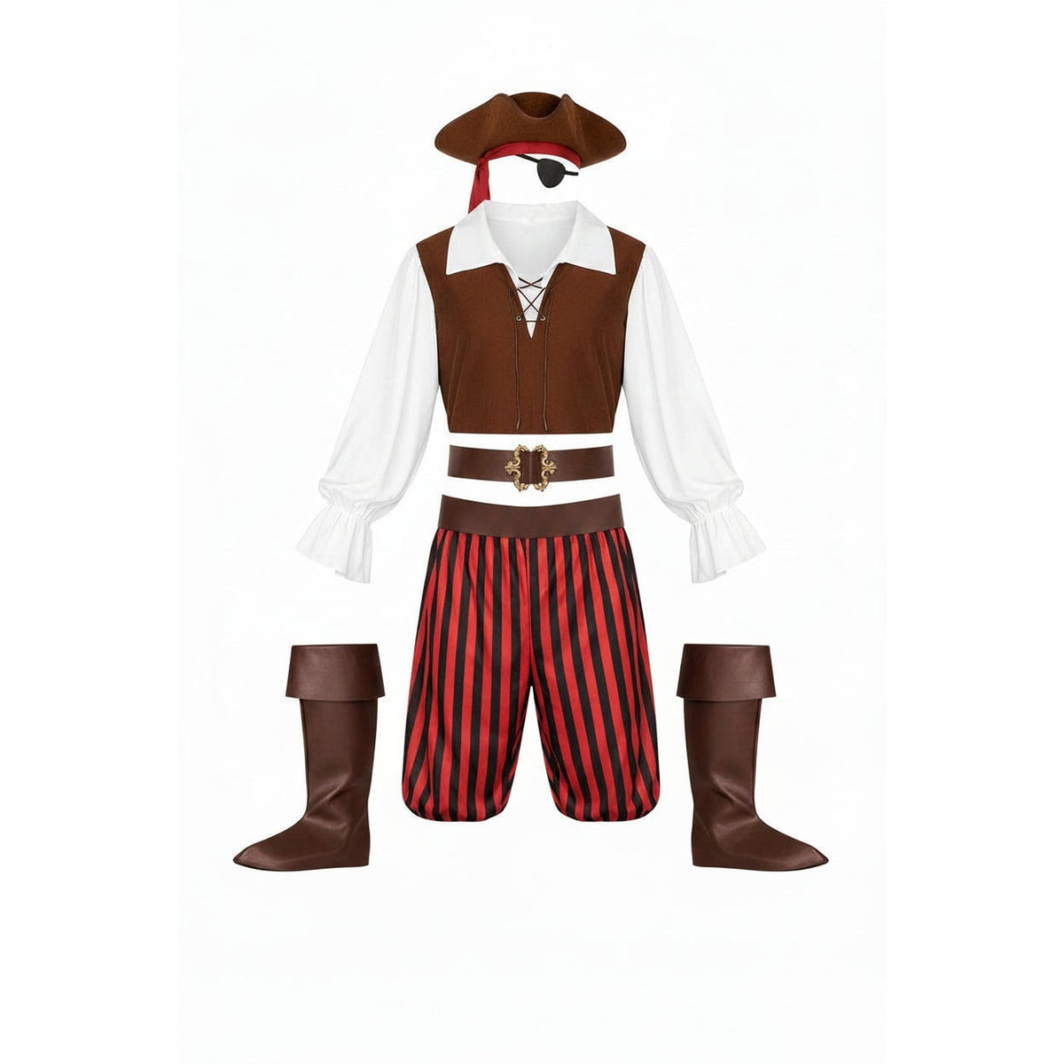 Pirate costume with vest, striped pants, hat, boot covers, eye patch, flat lay | Chaps London