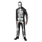 Man wearing black skeleton jumpsuit costume with white bone print and hood | Chaps London