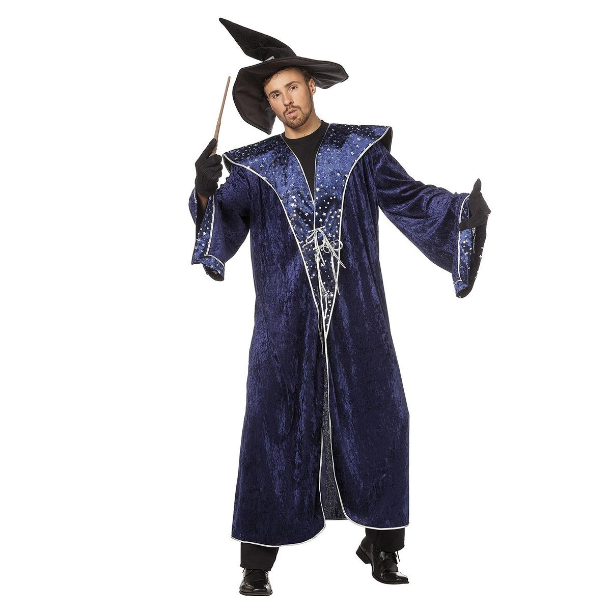 Man wearing blue velvet wizard robe with star print collar and hat | Chaps London