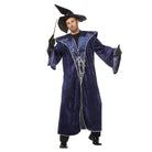 Man wearing blue velvet wizard robe with star print collar and hat | Chaps London