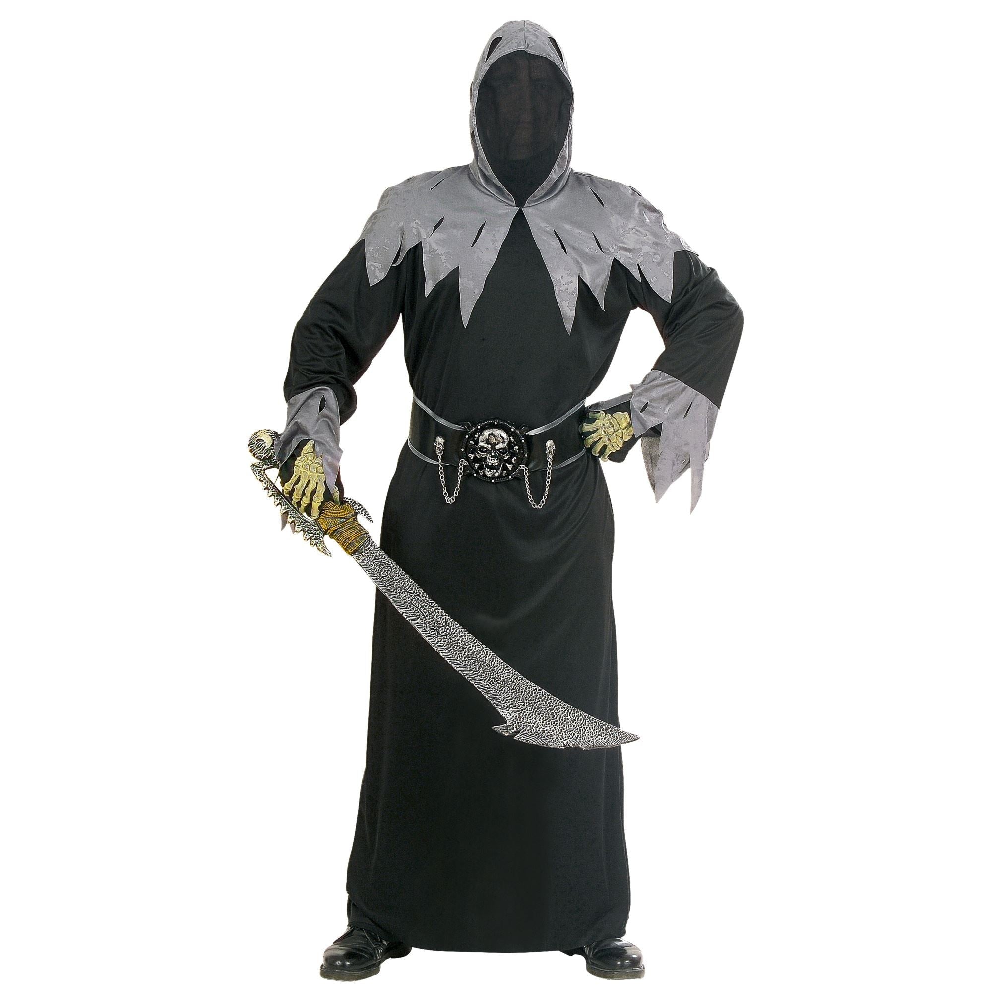 Person wearing black hooded robe costume with gray trim, holding sword, skull belt | Chaps London