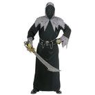 Person wearing black hooded robe costume with gray trim, holding sword, skull belt | Chaps London