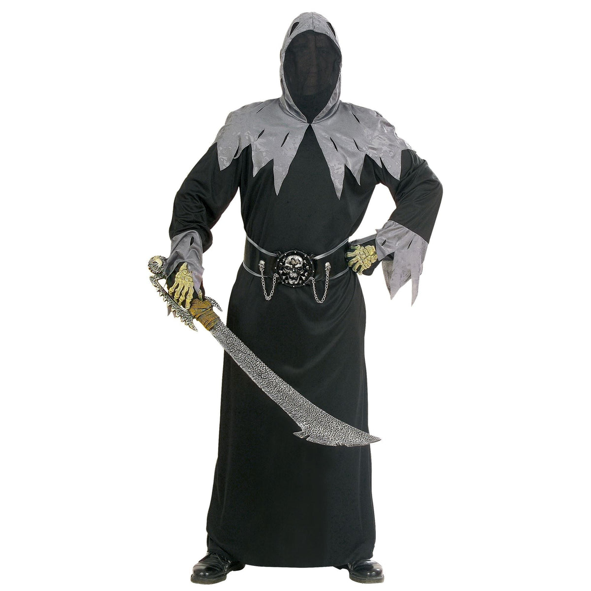 Person wearing black hooded robe costume with gray trim, holding sword, skull belt | Chaps London
