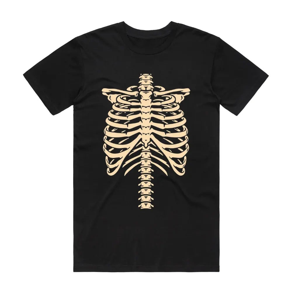 Black short-sleeve t-shirt with tan skeleton ribcage print, shown flat | Chaps London