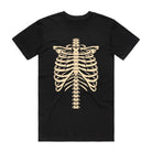 Black short-sleeve t-shirt with tan skeleton ribcage print, shown flat | Chaps London