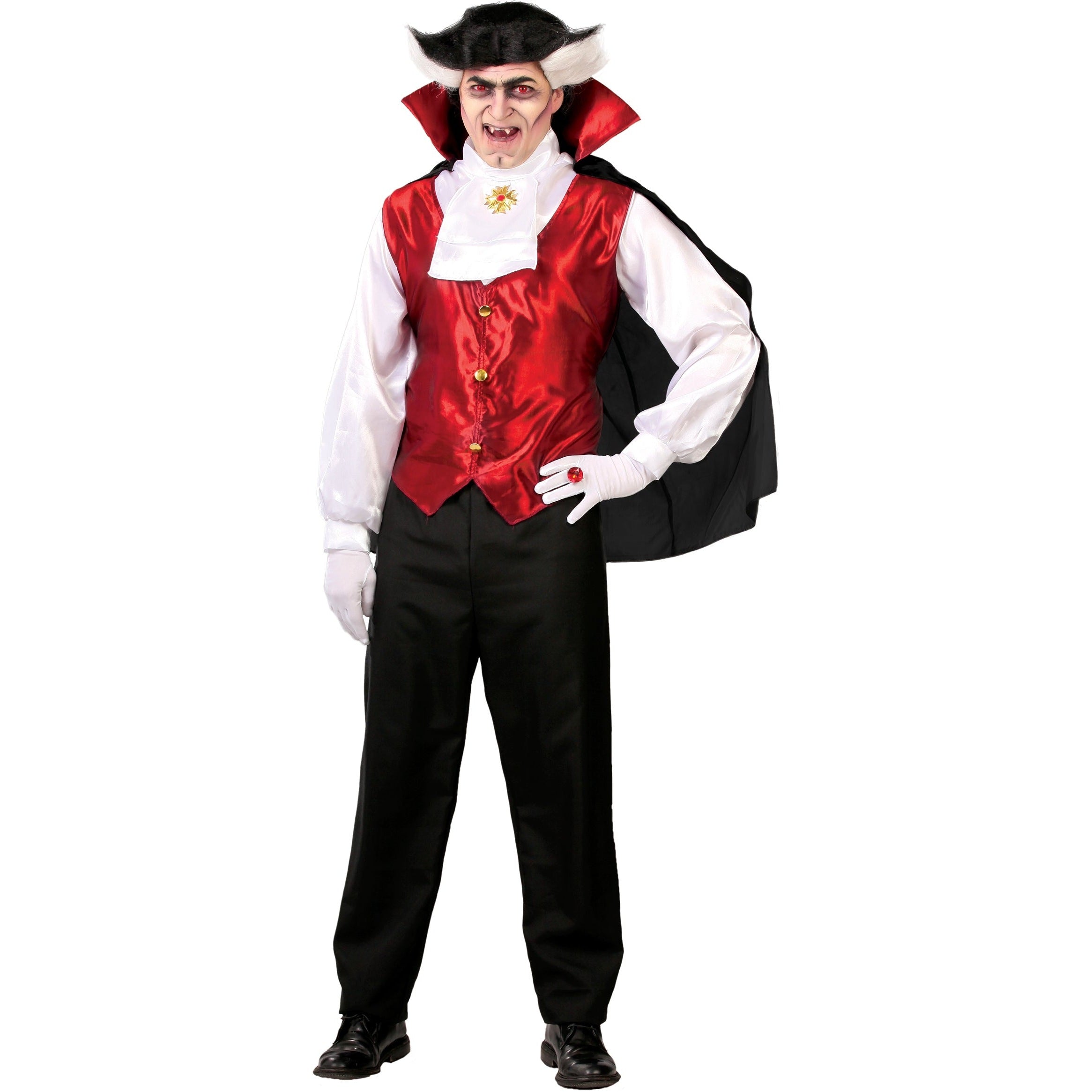 Man wearing red vampire costume with white shirt and black cape | Chaps London