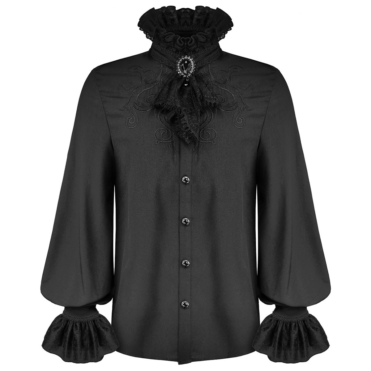 Black gothic shirt with ruffled collar, lace cravat, and brooch detail | Chaps London