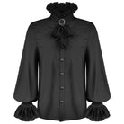 Black gothic shirt with ruffled collar, lace cravat, and brooch detail | Chaps London
