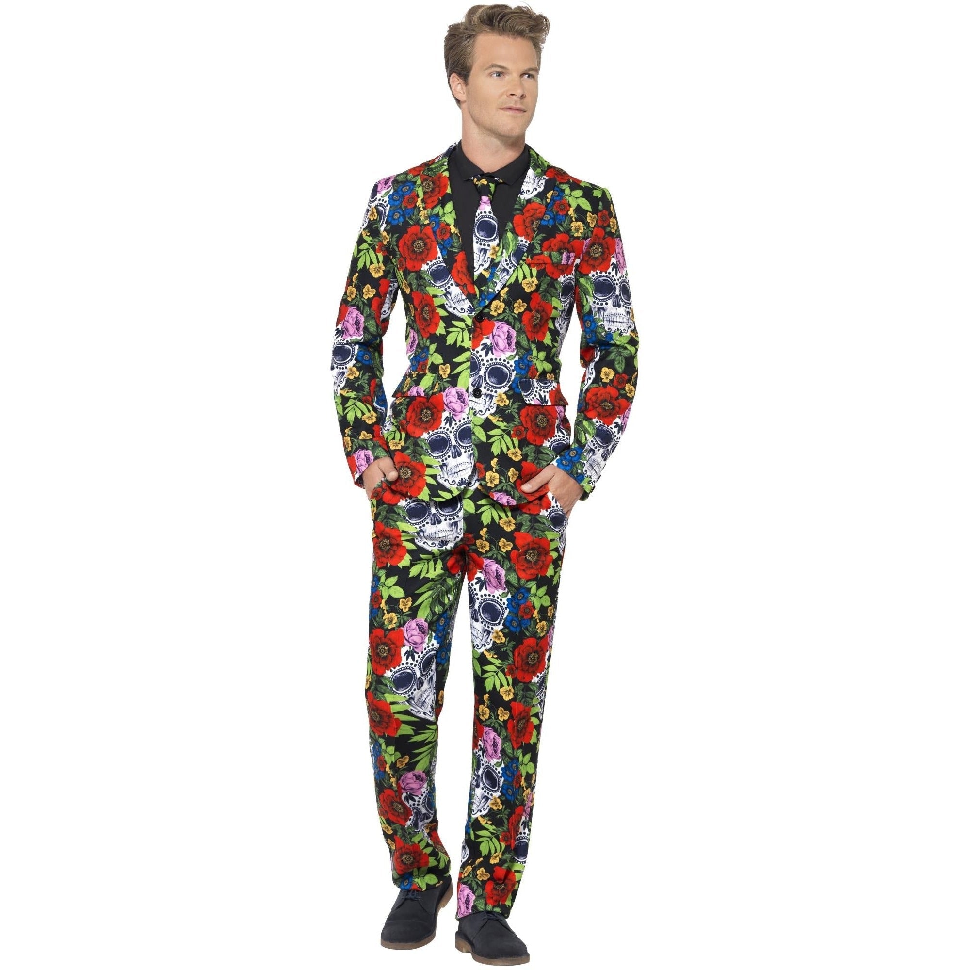 Man wearing floral sugar skull print suit jacket and matching trousers | Chaps London