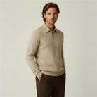 Man wearing beige textured knit half-zip polo jumper with brown trousers | Chaps London
