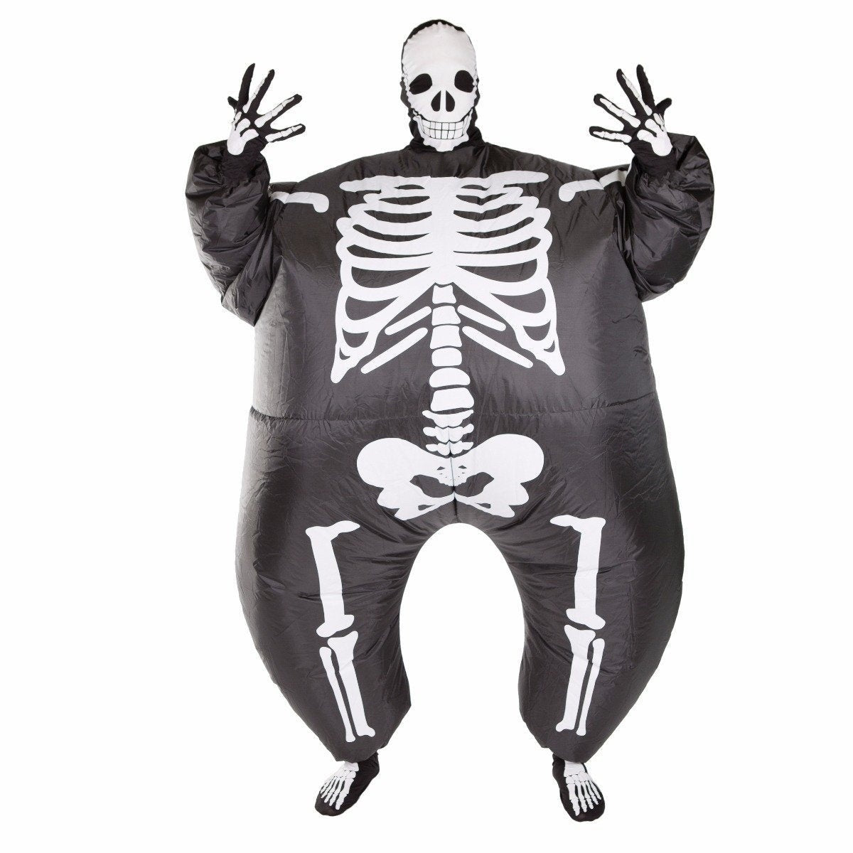 Black inflatable skeleton costume worn by a person, arms raised | Chaps London