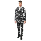 Man wearing black suit with white Halloween-themed ghost and skeleton pattern | Chaps London