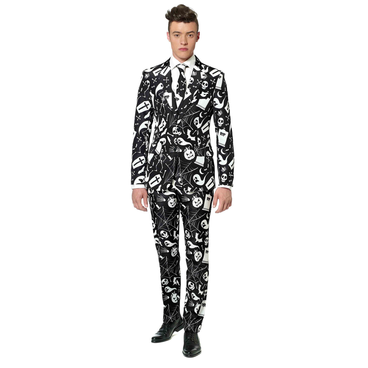 Man wearing black suit with white Halloween-themed ghost and skeleton pattern | Chaps London