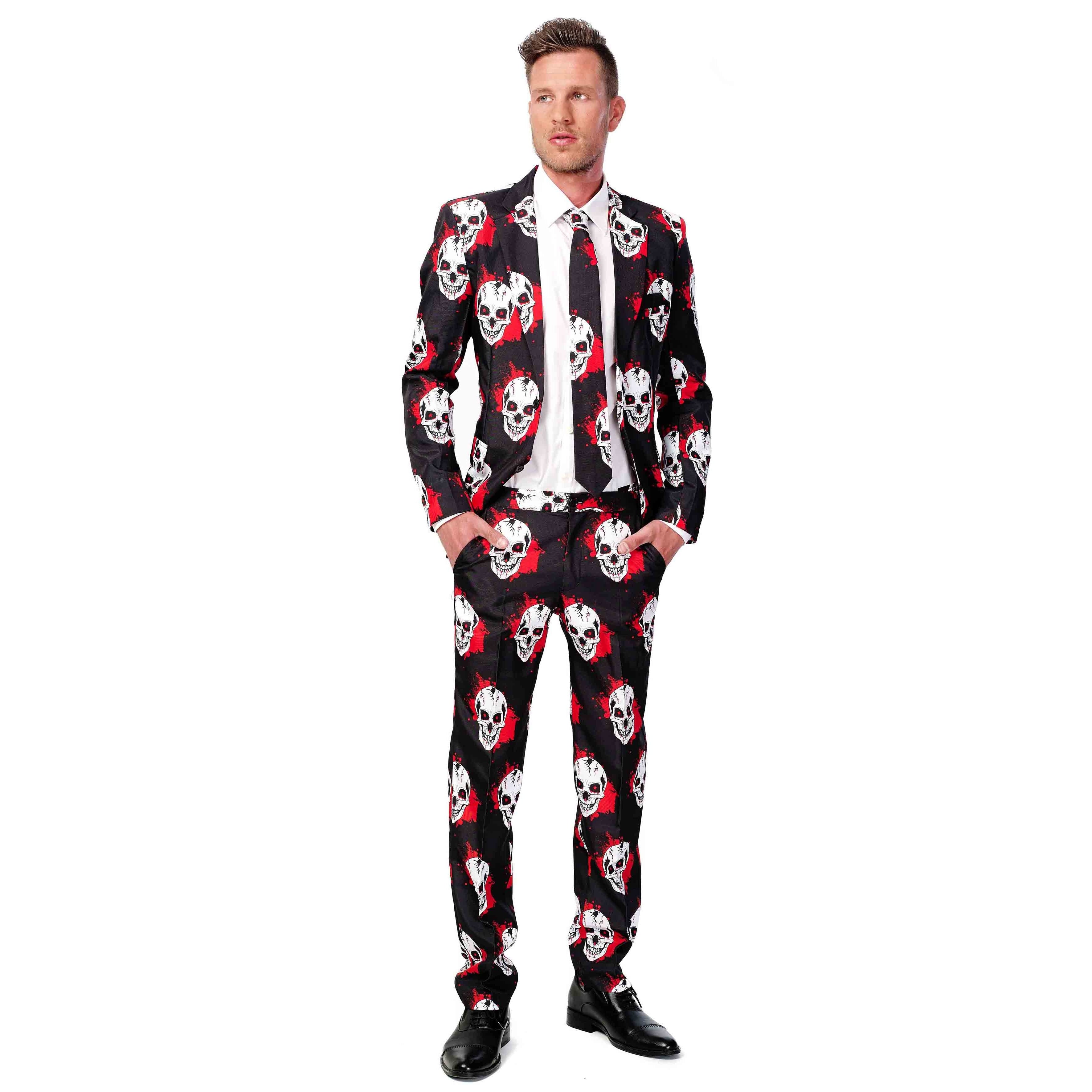 Man wearing black suit with white skulls and red blood splatter pattern | Chaps London
