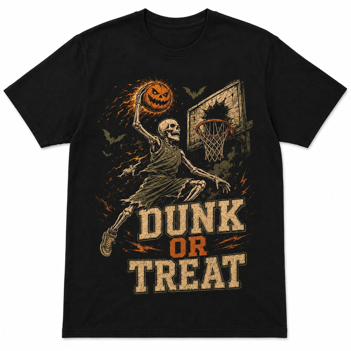 Black t-shirt with skeleton dunking basketball graphic, shown flat | Chaps London