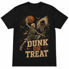 Black t-shirt with skeleton dunking basketball graphic, shown flat | Chaps London