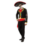 Man wearing black Day of the Dead costume with sombrero and skull face paint | Chaps London
