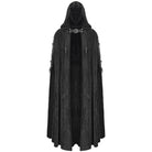 Black hooded gothic cloak with buckle strap, worn by a person | Chaps London