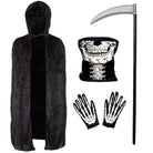 Black hooded cape, skull face snood, skeleton gloves, and scythe prop | Chaps London