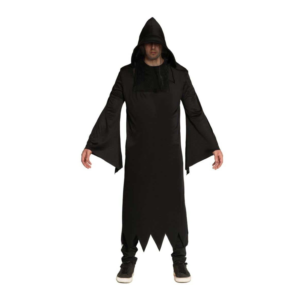 Man wearing black hooded Grim Reaper robe with mesh face veil | Chaps London