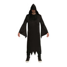 Man wearing black hooded Grim Reaper robe with mesh face veil | Chaps London