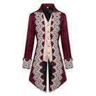 Burgundy tailback coat with cream lace trim, front view, flat lay | Chaps London
