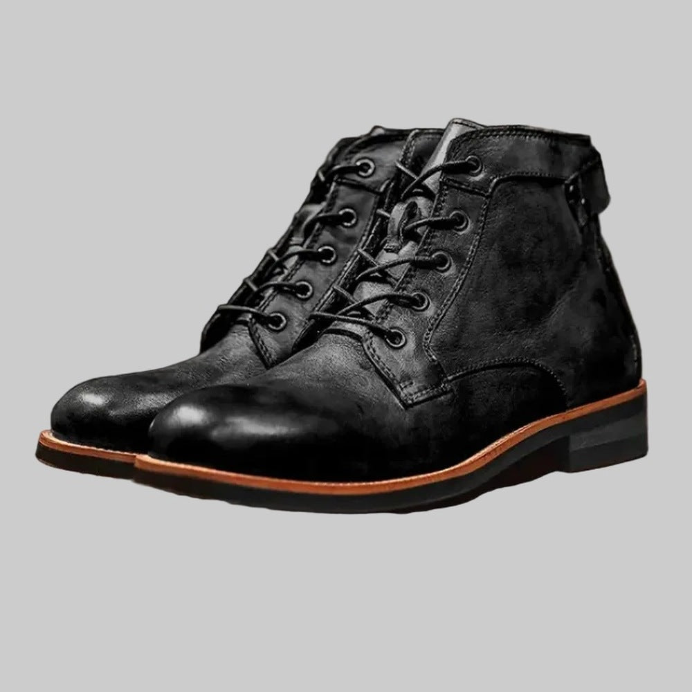 Black lace-up ankle boots with stacked heel, shown as a pair | Chaps London